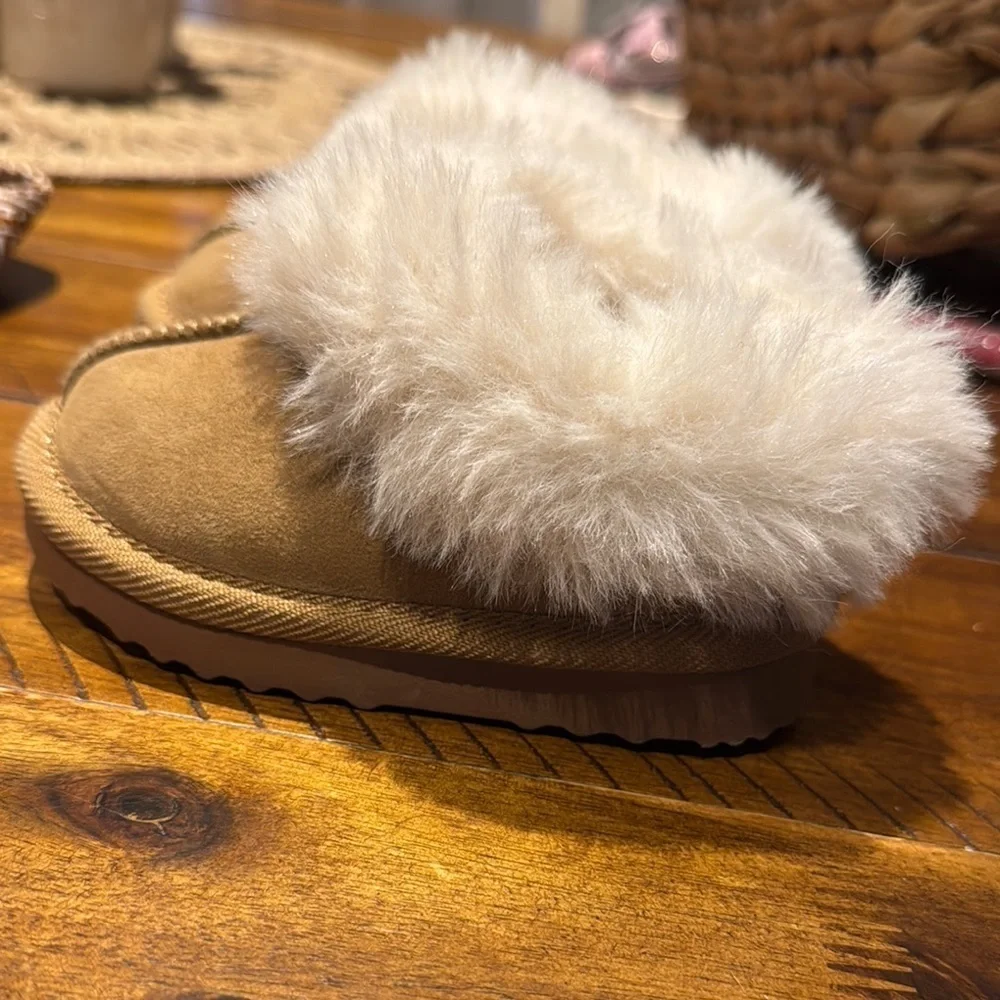 Brown and Cream Slippers with Plush Fur Trim